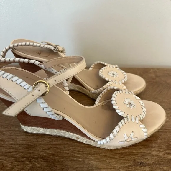 Jack Rogers Cream Leather Wedge Sandals with Whipstitch Trim Size 8.5 - Picture 5 of 7